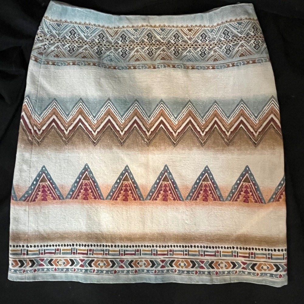 WORTH New York Silk Skirt Size 2‎ Boho Aztec Print Mini Beige Blue Womens